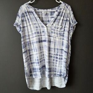 Rose + Olive Blue White Watercolor Plaid Rayon High Low Blouse Top Large Casual